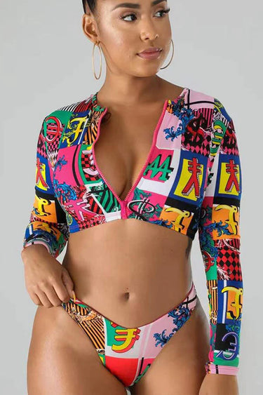 Block Print Long Sleeve Zipper-Up Crop Swimsuit